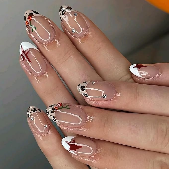 Almond Press on Nails Short Length MABKJLF French Tip Fake Nails False Nails with Stars Leopard Print Rhinestones Cute Cherry Designs Glossy Glue on Nails Stick on Nails for Women Girls 30Pcs