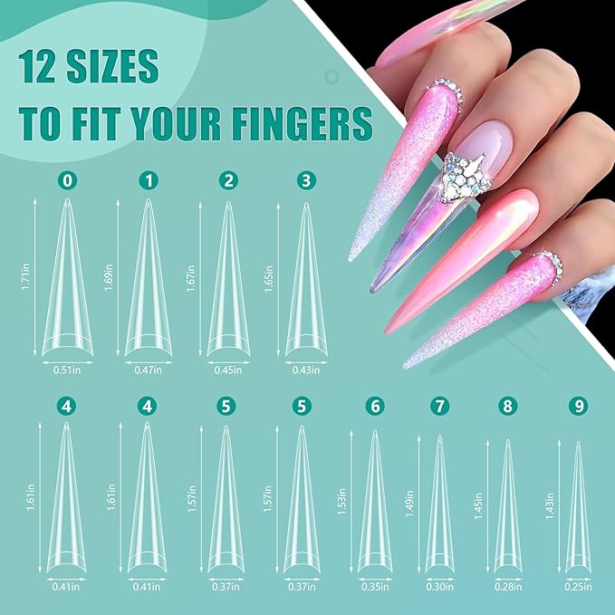 XL Long Clear Nail Tips: Half Cover 240PCS No C Curve Tapered Square Straight Nail Tips with 240PCS Stiletto Nail Tips for Salon Manicurist - Nail Extension Tips for Home DIY Manicure Hobbyists