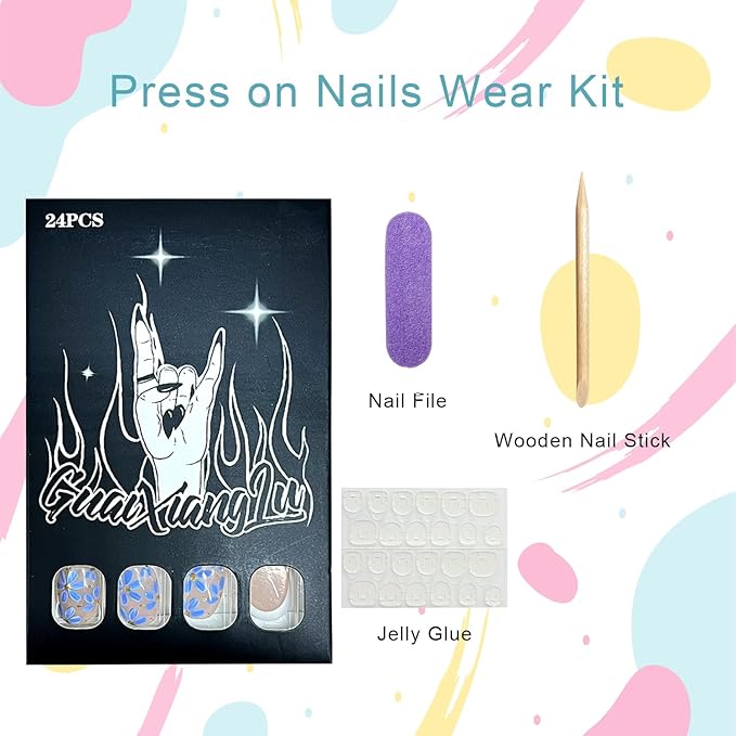 Blue Flowers Press on Nails Short Oval Fake Nails with Floral Designs White French Tip False Nail Glossy Full Cover Artificial Fingernails Spring Summer Stick on Nail for Women 24Pcs