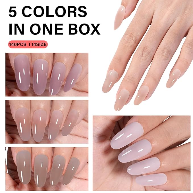 AILLSA Medium Gel Nail Tips Oval Shape 5 Natural Colors 4 in 1 False Nail Tips Set Press on Nails 140 PCS Pre-applied Tip Primer