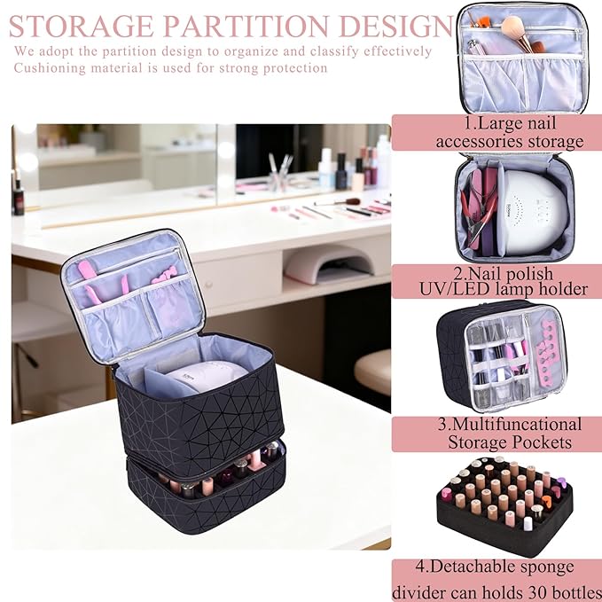 PU Leather Nail Polish Organizer, Double Layer Nail Polish Storage Holds 30 Bottles (15ml/0.5fl.oz) & Nail Lamp, Portable Nail Bag Organizer Case for Nail Tech Travel & Manicure Kit