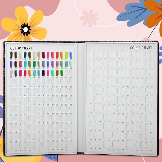 Professional 308 Nail Colors Chart with Number Labels, Black Nail Gel Polish Display Card Book, Nail Art Salon Display Booklet, Nail Color Swatches Nail Practice Card Design Board