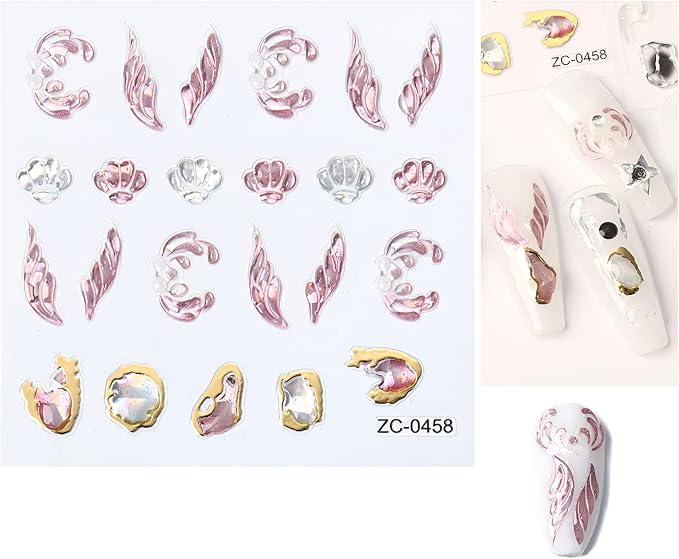 NOODCO 5 Sheets 5D Bronzing Nail Art Stickers Decals, Fishtail Shell Embossed Self-Adhesive Sticker Gemstone Flower Heart Sun Butterfly Gold Metal Line Design Supplies for DIY Decoration Women