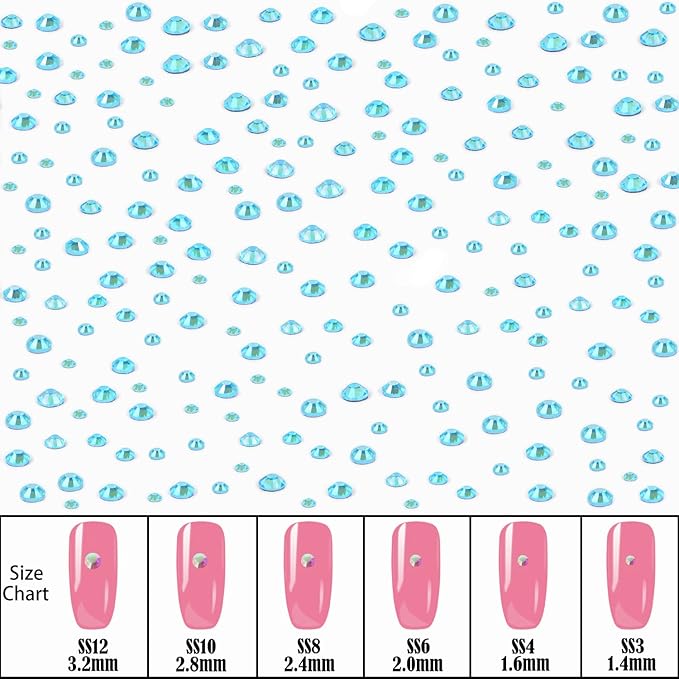 NCB Hotfix Iron on 8000pcs Crystal Rhinestones Round Gem for Crafts Decoration DIY Jewelry Making with a Picking Pen (Aquamarine AB, 6Sizes SS3-SS12)