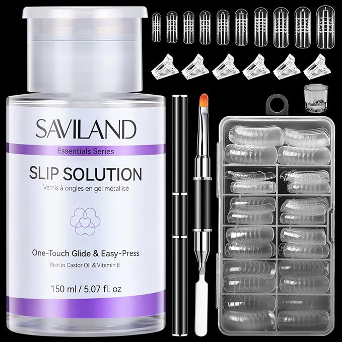 SAVILAND Slip Solution Kit for Poly Gel: 5.07fl.oz Large Anti-Stick Gel Liquid for Poly Gel, All-In-1 Nail Kit with Dual-Ended Nail Brush Dual Forms Dappen Dish for Beginners Nail Art Extension DIY