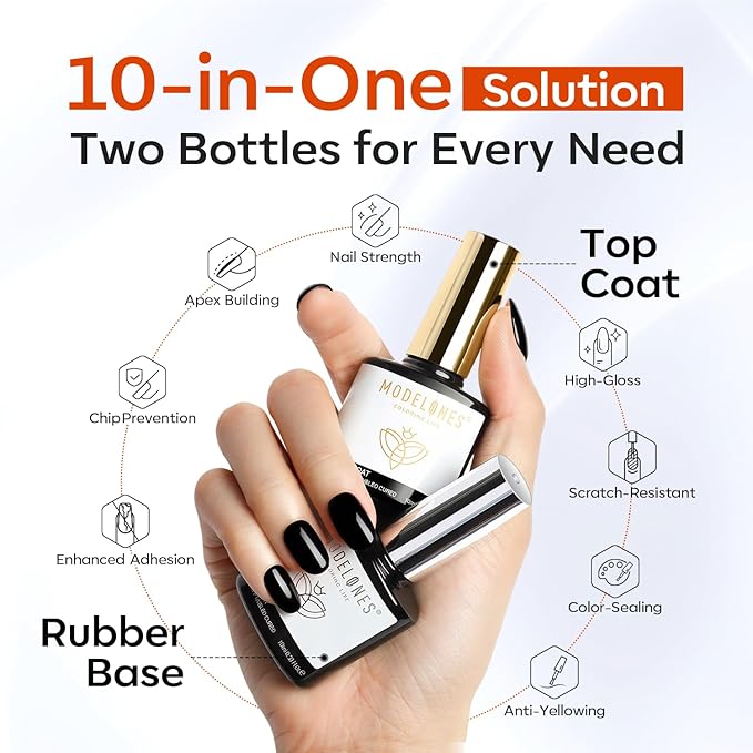 modelones Rubber Clear Gel Nail Polish, 2Pcs Builder Base Top Coat No Wipe Clear Glossy Strengthener for Apex Building Nail Glue Long Lasting Shiny Protect Thin Weak Nail Soak Off U V Manicure Gift