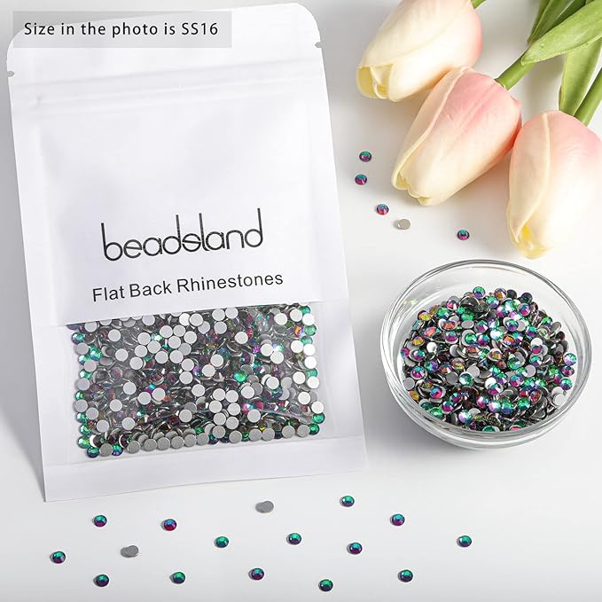 Beadsland Flat Back Crystal Rhinestones Round Gems for Nail Art and Craft Glue Fix, Green Volcano, 3.8-4.0mm, SS16/1440pcs