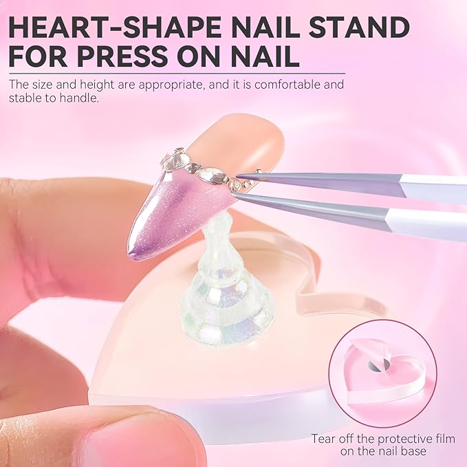 Nail Stand For Press On Acrylic Strong Magnetic Nail Holder Kit For Painting Nails Tip Arts Display With 200PCS Double-Sided Tape And 1 Heart Shaped Acrylic Magnetic Presson Stand (Aurora And White, Medium)
