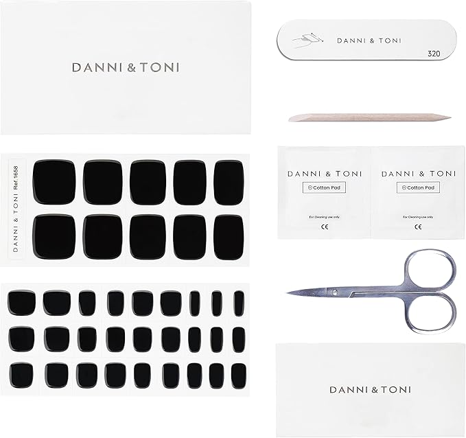DANNI & TONI Semi Cured Gel Pedi Strips (Black Panther) Toenail Black Solid Color Pedicure Gel Nail Stickers for Toes 37 Stickers