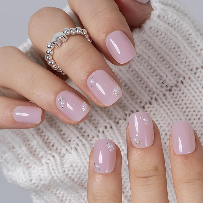 CurvLife Soft Gel Press On Nails Square, Long-Lasting 30Pcs Reusable Stick On Fake Nails Kit with Glue Tabs, Glossy Salon-Style Manicure for Women Teens Beginners, At-Home (Pearl Whisper)