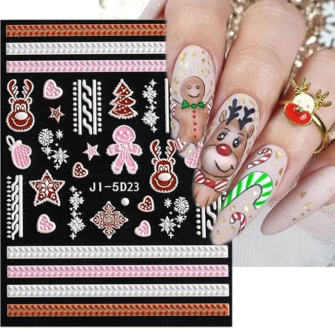 5D Christmas Nail Art Stickers Self-Adhesive Embossed Snowflake Nail Decals Bear Elk Xmas Tree Nail Design Christmas Party Nail Decoration Winter Nail Stickers for Women Girls DIY Nail Charms 3 Sheets