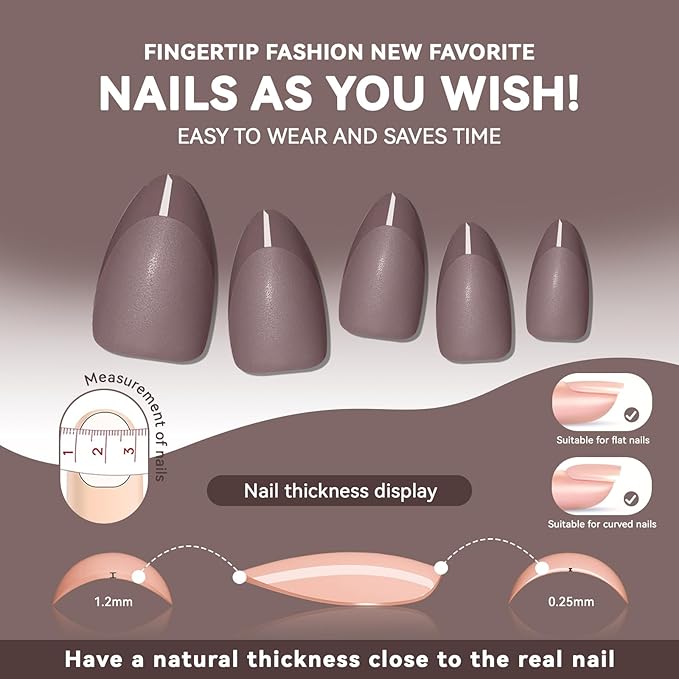 Brown French Press on Nails Short Almond -Pure Brown Nails with Glossy French Tip in a Matte Finish, Soft Gel Reusable Fall Fake Nails Winter Stick on Nails for Women Gift, 32PCS 16 Sizes