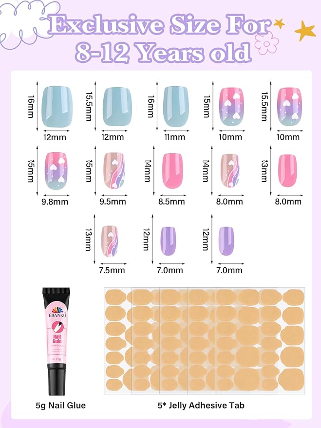EBANKU 130 Pcs Press on Nail Kids, 5 Pack French Heart Kid Flase Nails Kit with Nail Glue Set Fake Nail for Girls Nail DIY Salon Home Decor