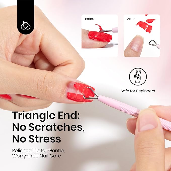 Beetles Gel Nail Remover Tool Dual-end Cuticle Pusher, Triangle End Remove Gel Polish Angled End Clean Crevice Dirt Two in One Tool Dead Skin Nail Scraper Stainless Steel Pink Remover Pusher