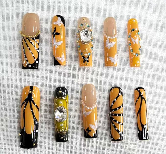 Handmade Press on Nails Long Square Fake Nails French Tip Yellow with 3D Butterfly Designs luxury Glossy Rhinestones Cute Acrylic Nails for Women 10pcs (Size M）