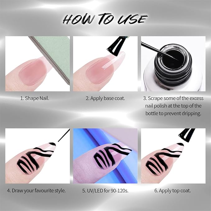 12 ml Painting Liner Gel Polish, High-gloss, Long-lasting Gel Art Classic Black Paint French Butterfly Lines Built-in Fine Nail Brush Soak Off UV/LED Nail polish Nail Gel Nail Art Manicure