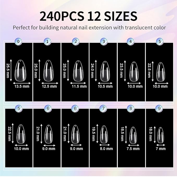 Medium Almond Nail Tips - 12 Sizes 240 PCS Pre-Etched Soft Gel Nail Tips Half Matte Full Cover Press on False Nail Tips Clear Acrylic Nails for Nail Extension Home DIY Manicure Salon