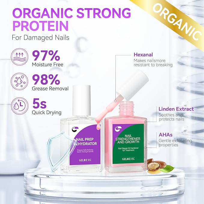 Nail Growth Treatment and Dehydrator Kit: Milky Pink 2-in-1 15ml Repair Kit for Weak Damaged Nails - Acid-Free Prep Protein Formula - Salon & Home Use for DIYers Sensitive Skin