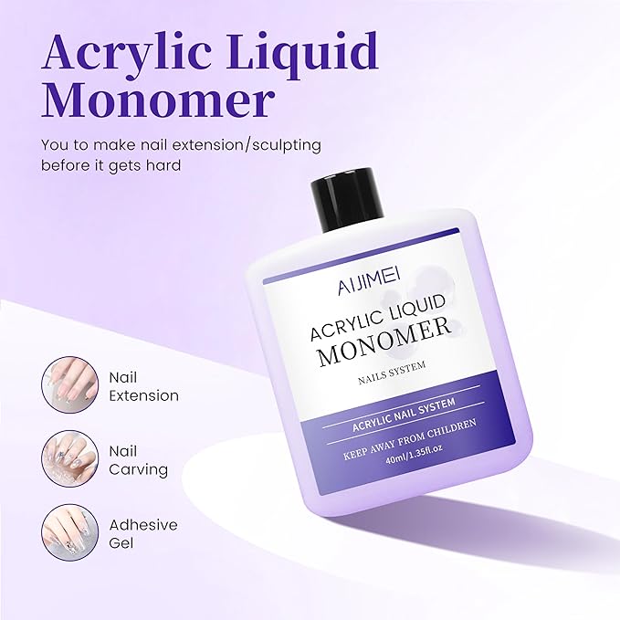 AIJIMEI Acrylic Liquid Monomer for Long Lasting 80ml Acrylic Liquid Professional Nail Art Supplies Suitable for Salon and Home 2.6fl.oz (2pcs 40ml)