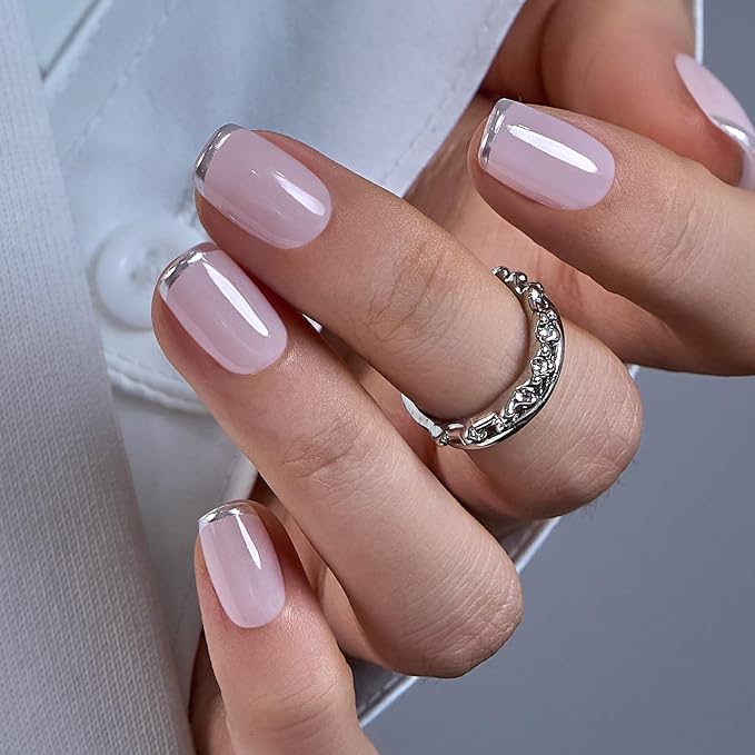 Curvlife Press on Nails Acrylic Fake Nails with Design Full Cover False Nails for Women Reusable Nail Kit with Nail Glue Adhesive Tabs Nail File (Ivory silvery white, Medium)