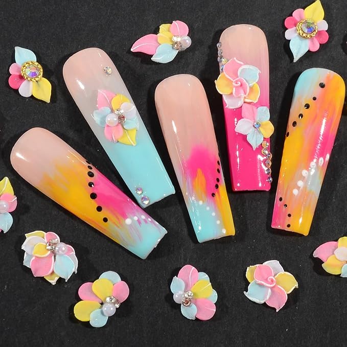 30PCS 3D Handmade Flower Nail Art Charms Advanced Handcrafted Cherry Blossom Flower Colorful Sculpted Floral Nails with Rhinestone Caviar Beads Design for Women Profession Nail Art Craft Jewelry
