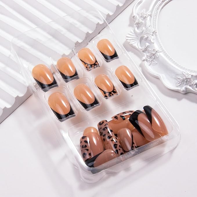 Black French Tip Press on Nails Short Square Fake Nails Glossy Leopard False Nails Press ons Reusable Artificial Nail Full Cover Stick on Nails for Women Manicure 24 Pcs