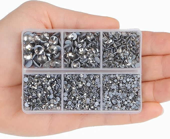 4000Pcs Mixed Size Hot Fix Round Crystals Gems Glass Stones Hotfix Flat Back Rhinestones (Black Diamond)
