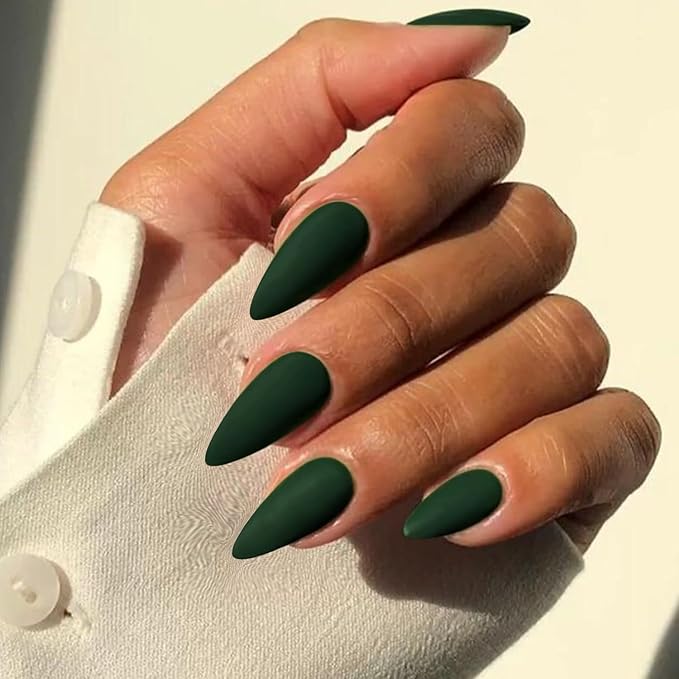 Matte Dark Green Press on Nails Almond Shaped 48Pcs Neutral Fake Nails for Women, Medium Almond Nails Press on Reusable Acrylic Nails Glue on Medium Length Stiletto False Nails Gel Artificial Nails