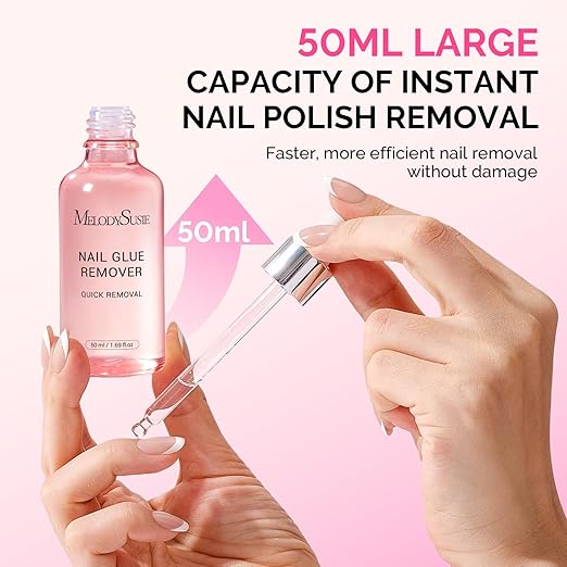 MelodySusie 50ML Nail Glue Remover for Press on Nails, Acetone Free Nail Polish Remover Multi-Functional Remover for Acrylic Tips Gentle Glue Remover with Stick