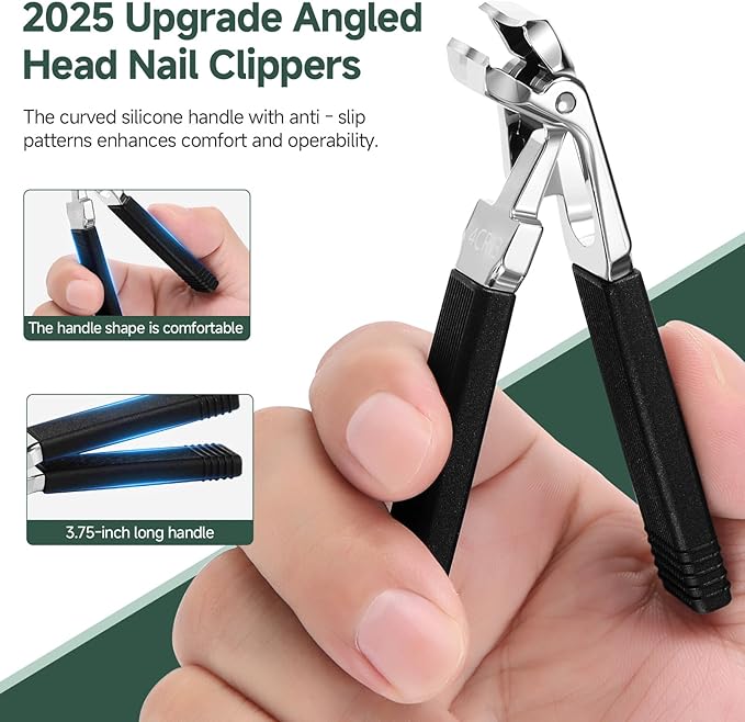 Angled Head Toe Nail Clippers for Seniors, Long Handle, Heavy Duty Ingrown Toenail Clipper Set (Black 2-in-1 Set)