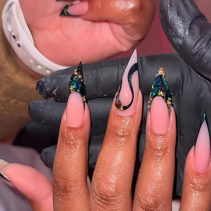Long Press on Nails Stiletto Fake Nails French False Nails Pink Artificial Nails with Green Rhinestones Designs Sparkly Acrylic Nails Press ons Cute Stick on Nails for Women 24pcs