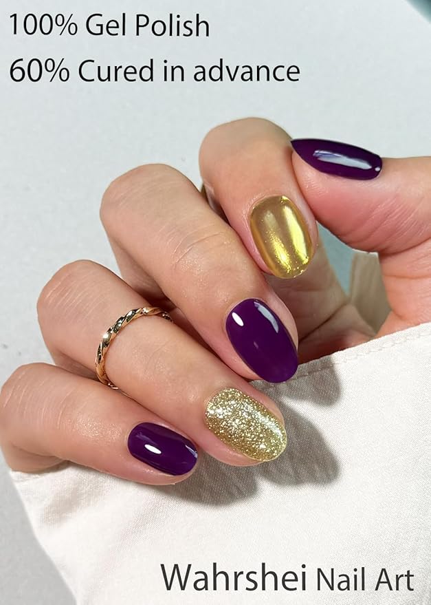 Semi Cured Gel Nail Strips, Carnival Gold Purple 20pcs Adhesive UV Sticker, Wraps for Home Manicure DIY
