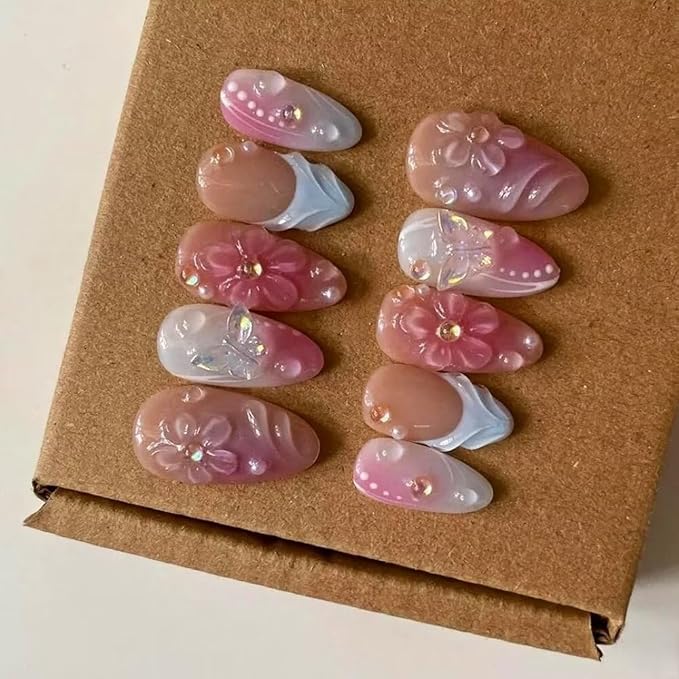 Press On Nails,Luxury Medium Almond 3D False Nails Women Reusable ABS Material Finger Printed Nail Tip French Salon Design-Medium size