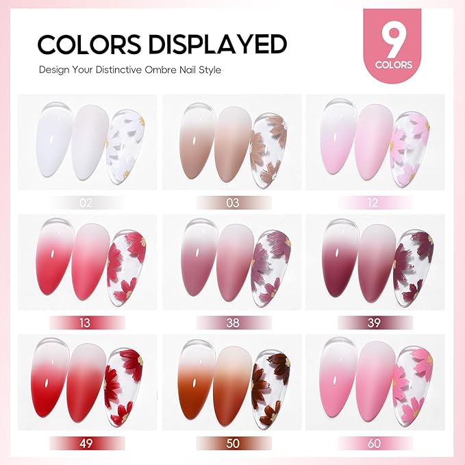 PEACECOLOR Sponge Patting Nail Gel Polish, 9 Colors Painting Ombre Gel with Sponges Beginner Friendly Gradient Nail Art Beauty Gift Sets