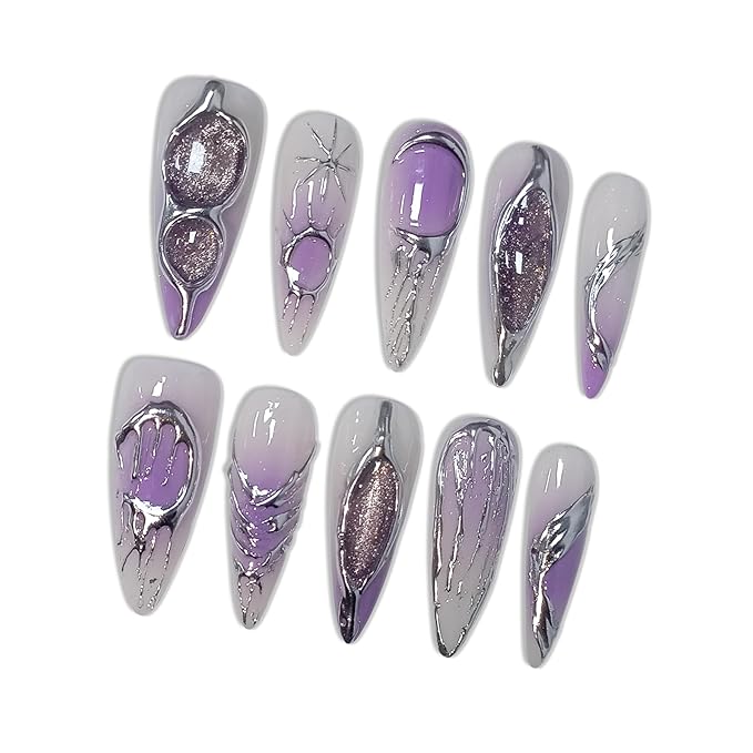 Lavender Ombre Metallic Hand-Painted Cat Eye Press on Nails, Long Stiletto Glossy Iced Edgy Fake Nails, Reusable Sweet & Cool False Nails for Women Y2K Party Special Occasion Full Set (Size S)