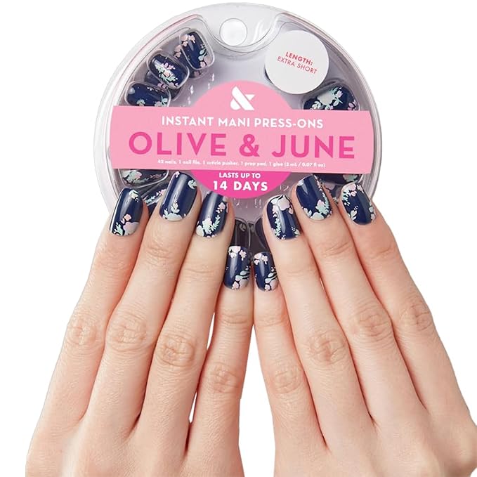 Olive & June Instant Mani Press-On Nails (Glue) | 42 Fake Nails, 21 Sizes | Non-Toxic, Long-Lasting Recycled Materials Realistic Look | Spring Flowers & Patterns | Short, Round | Micro Floral