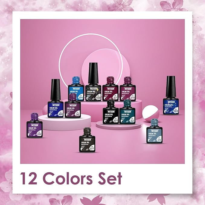 MTSSII Gel Nail Polish Set - 12 Colors Dark Purple, Blue, Navy, Dark Grey, Glitter, Red, Black Shimmer Gel Nail Gifts for Women, DIY Salon Home Manicure