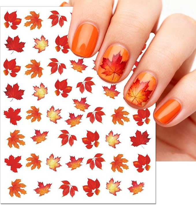 Fall Nail Art Stickers, Thanksgiving Day Laser Glitter Nail Decals, 3D Self-Adhesive Maple Ginkgo for DIY Nail Supplies Decoration(6 Sheets)