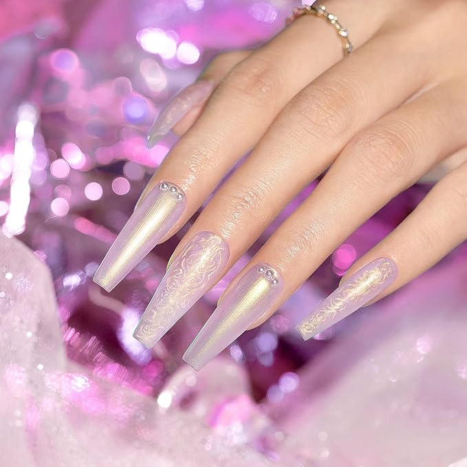RARJSM Pearl Gel Nail Polish Lavender Purple Pearlescent Shell Gold Glitter Shimmer Mermaid Iridescent Nail Gel Polish Soak Off LED UV Curing Requires Swirl Thread Effect DIY Manicure Use 7.5ML