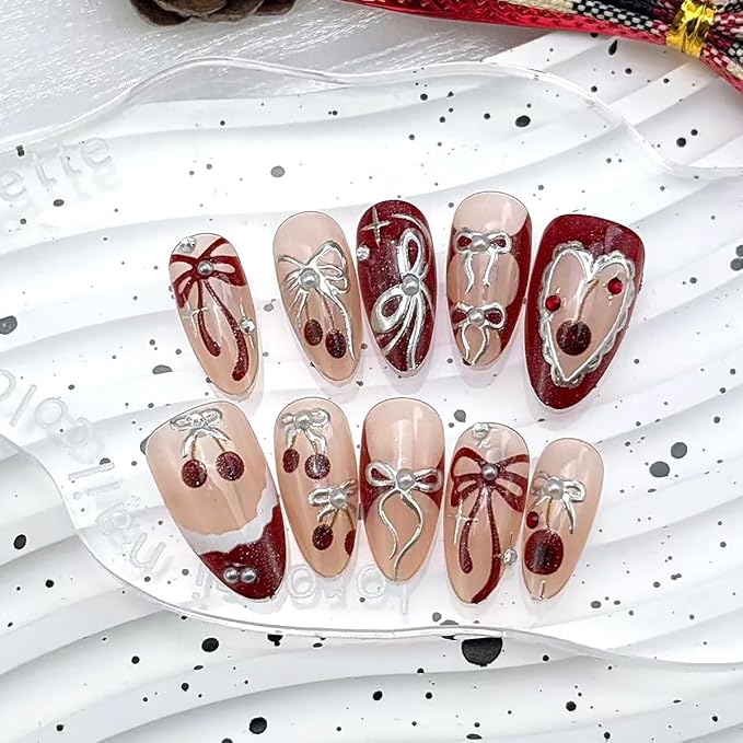 30Pcs Cherry Press on Nails Medium Almond Fake Nails Red French Tip False Nails with 3D Cherry Pearl Gems Design Silvering Bow Star Glue on Nails Full Cover Artificial Stick on Nail for Women Manicure