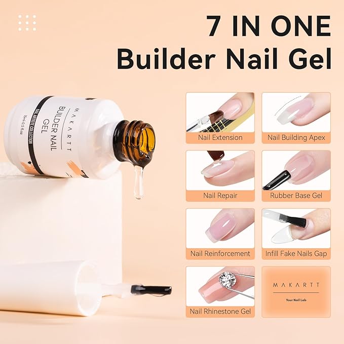 Makartt Clear Builder Nail Gel, 7 in 1 Gel Nail Polish Rubber Base Coat Hard UV Light Strengthener Extension Thickening Rhinestone Soak Off Builder for Broken Nails Repair, 1 Bottle 15ml