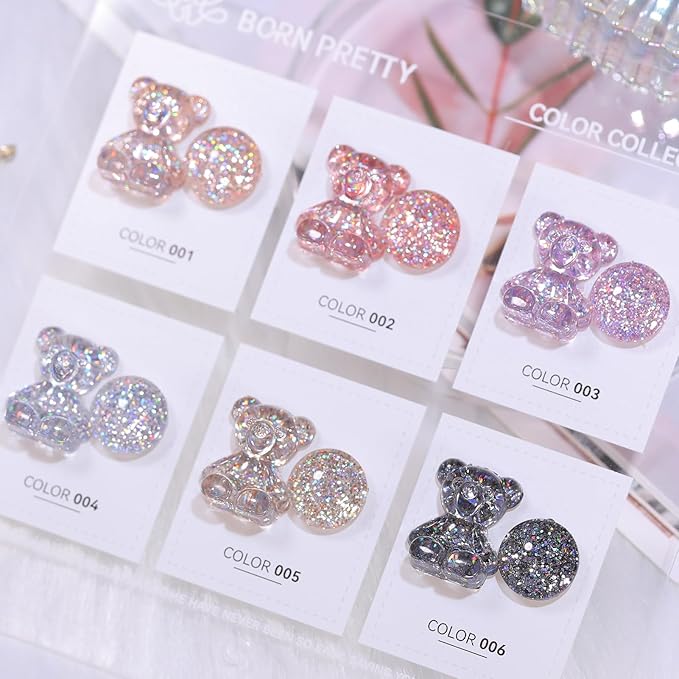 Born Pretty Glitter Gel Nail Polish, 6 Colors, Sparkle, Shiny, Disco Shine, UV Gel Nail Art Varnish, Manicure, DIY