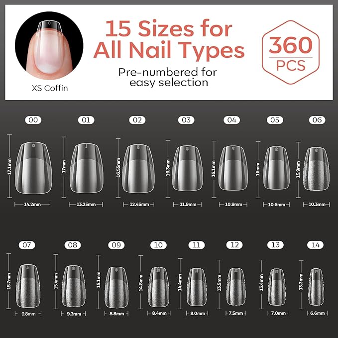 modelones Extra Short Coffin Gel Nail Tips, 360pcs Pre-etched Clear Fake Nails Press On Full Cover Half Matte 15 Sizes Acrylic Gel Tips for Extension Salon