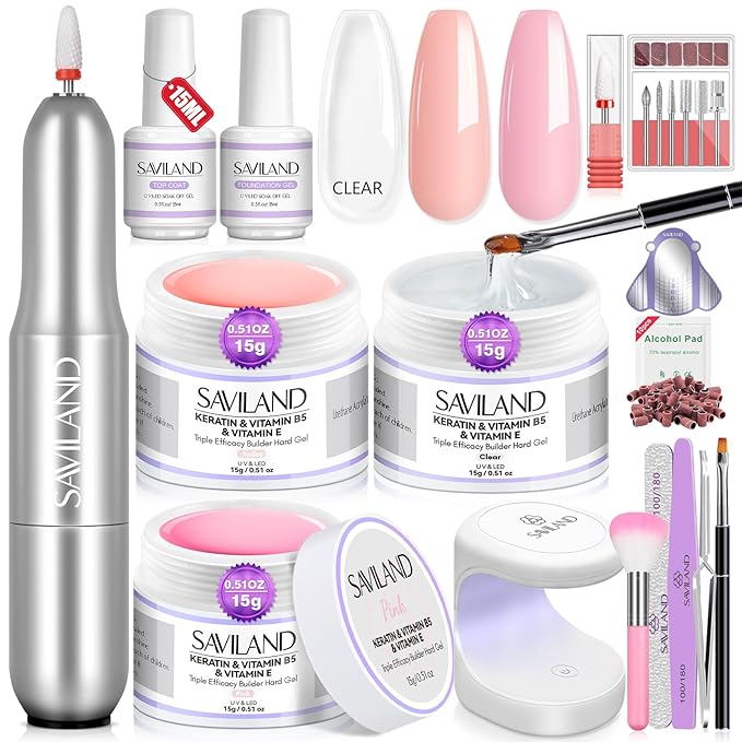 Saviland Builder Nail Gel Set with Nail Drill – 6 Colors Spider Gel with Nail Art Brushes 3Pcs Hard Gel(VE&VB5&Kerain) Clear Pink Nudes Builder Nail Gel with Lamp Nail Brush for Nail Extension Shaping