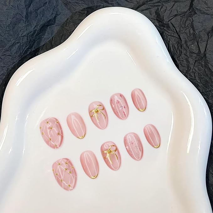Pink Press on Nails Thick and Muti-Layer Gel Fake Nails Bow French Tip False Nails with Bow Star Design White Hand-draw Lines Stick on Nails Full Cover Artificial Nail for Women DIY (Size S)