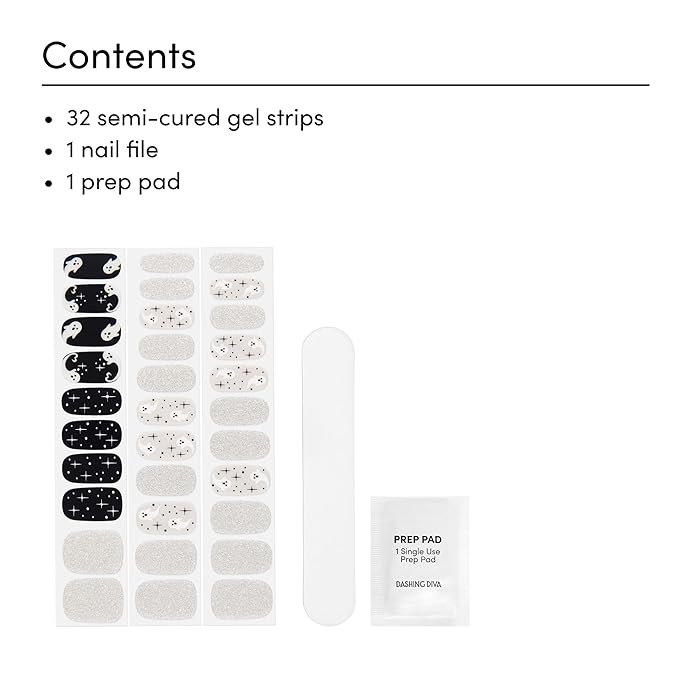 Dashing Diva Gloss Nail Strips - Ghostly Touch - UV Free, Chip Resistant, Long Lasting Gel Nail Stickers - 3-Piece Glow-In-The-Dark Manicure Set - Contains 32 Wraps, 1 Prep Pad, 1 File