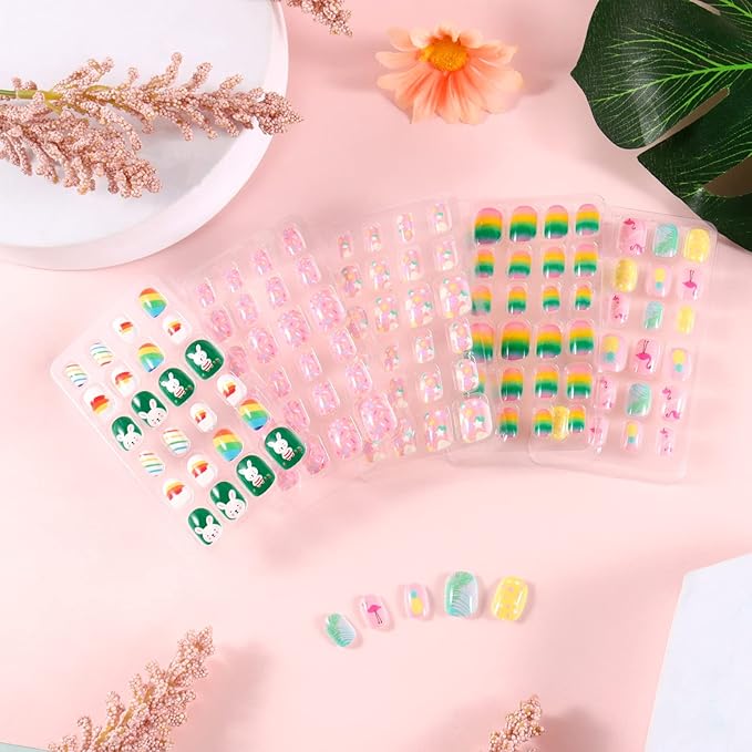 SIUSIO 120 Pcs 5 Pack Children Acrylic Fake Nails Press on Cute Pre-glue Full Cover Glitter Gradient Color Rainbow Short Kids Stick On False Nail Art Kits Set for Kids Little Girls -Colorful Summer
