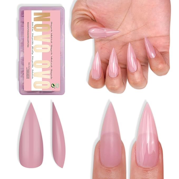 NOVO OVO Medium Long Stiletto Nail Tips Berry Pink (224Pcs) - Pre-designed Soft Gel Full Cover False Nails, Sharp Pointed Acrylic Press on Extension, DIY Salon Manicure (16 Sizes)