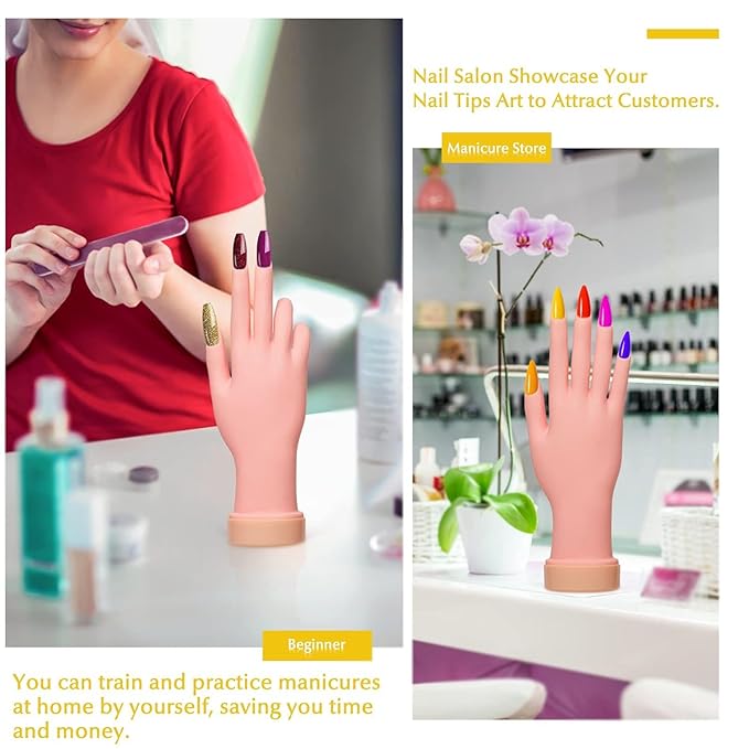 krofaue 2 Pack Right Hands Practice Nail Tips Art Trainer Training Hand Tool Flexible Bendable Movable Fake Mannequin Manicure Tool