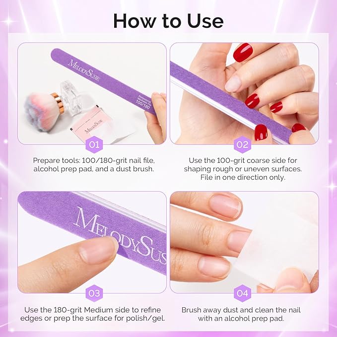 MelodySusie Nail File Kit, 2Pcs Double Sided 100/180 Grit Straight Shape Emery Boards For Nails, Professional Nail Art Manicure Pedicure Supplies for Home and Salon Use, Purple